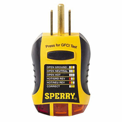 Picture of Sperry Instruments GFI6302 GFCI Outlet / Receptacle Tester, Standard 120V AC Outlets, 7 Visual Indication / Wiring Legend, Home & Professional Use, Yellow & Black