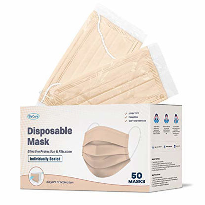 Picture of WeCare Disposable Face Mask Individually Wrapped - 50 Pack, Peach Masks 3 Ply