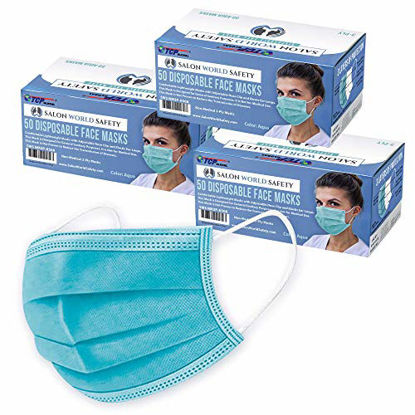 Picture of TCP Global Salon World Safety - Aqua Face Masks 3 Boxes (150 Masks) Breathable Disposable 3-Ply Protective PPE with Nose Clip and Ear Loops