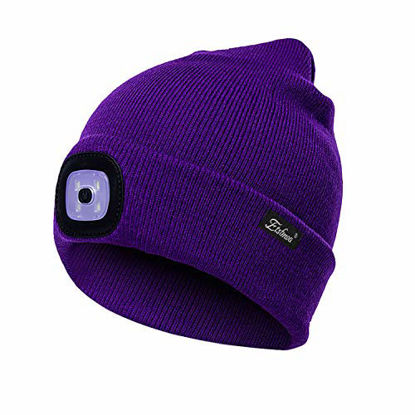 Picture of Etsfmoa Unisex LED Beanie Hat with Light, Gift for Men and Women USB Rechargeable Winter Knit Lighted Headlight Hats Headlamp Torch Skull Cap (Purple)