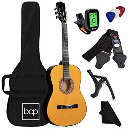 Picture of Best Choice Products 38in Beginner All Wood Acoustic Guitar Starter Kit w/Gig Bag, Digital Tuner, 6 Celluloid Picks, Nylon Strings, Capo, Cloth, Strap w/Pick Holder - Natural