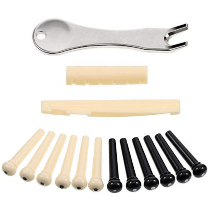 Picture of TecUnite Acoustic Guitar Bridge Pins Puller Pulling Remover Extractor Tool with Guitar Saddle Nut and 12 Pack Guitar Bridge Pins