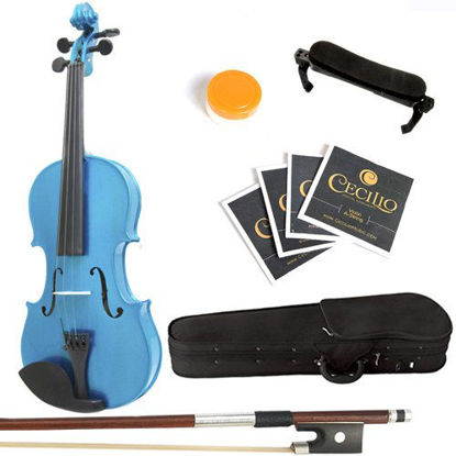 Picture of Mendini By Cecilio Solid Wood Violin 3/4 Size, Blue- Starter Kit w/Extra Strings Hard Case, Rosin, Bow - Stringed Musical Instruments For Kids & Adults