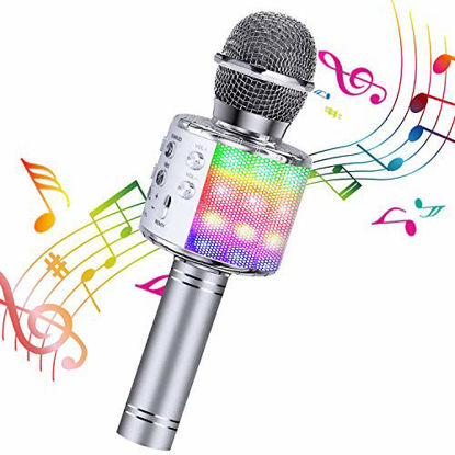 Picture of BlueFire Bluetooth 4 in 1 Karaoke Wireless Microphone with LED Lights, Portable Microphone for Kids, Girls, Boys and Adults (Silver)