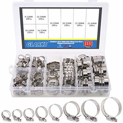Picture of Glarks 100Pcs Adjustable 8-44mm Range 304 Stainless Steel Worm Gear Hose Clamps Assortment Kit, Fuel Line Clamp for Water Pipe, Plumbing, Automotive and Mechanical Application (Hose Clamp Kit)
