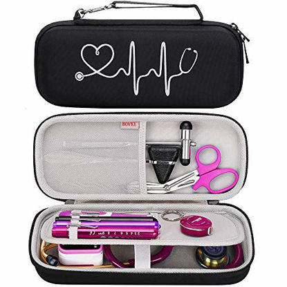Picture of BOVKE Travel Case for 3M Littmann Classic III, Lightweight II S.E, Cardiology IV Diagnostic, MDF Acoustica Deluxe Stethoscopes - Extra Room for Taylor Percussion Reflex Hammer and Penlight, Black