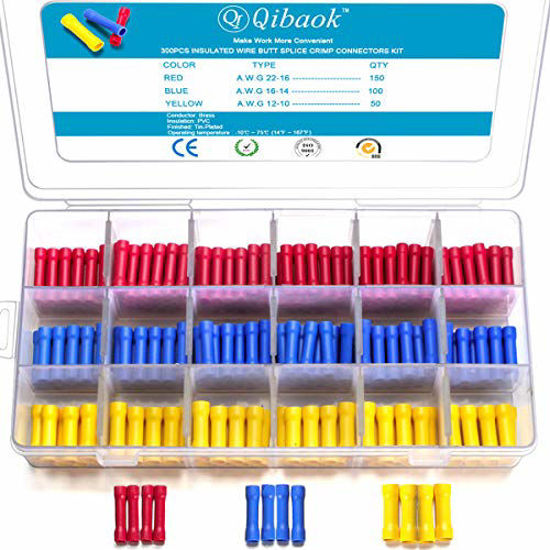 Picture of Qibaok 300 PCS Butt Splice Crimp Connectors Insulated Electrical Straight Wire Terminal Connectors 10-22AWG