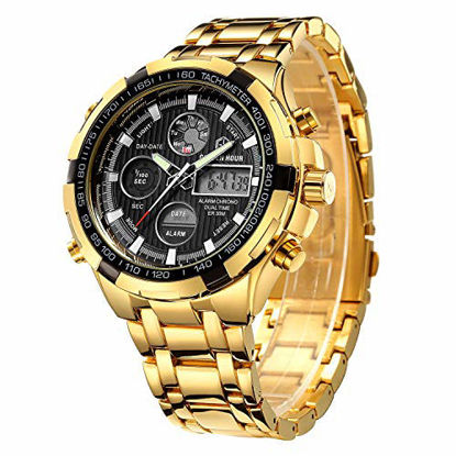 Picture of GOLDEN HOUR Luxury Stainless Steel Analog Digital Watches for Men Male Outdoor Sport Waterproof Big Heavy Wristwatch (Gold Black)