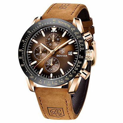 Picture of BENYAR Chronograph Mens Watch Quartz Movement 30M Waterproof | Leather Watch Strap | Chronograph |Analogue Watch| Business Watch| Scratch Resistant Watch| Mechanical Watch (Brown)