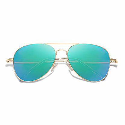 Picture of SOJOS Classic Aviator Mirrored Flat Lens Sunglasses Metal Frame with Spring Hinges SJ1030 with Gold Frame/Greenish Blue Mirrored Lens