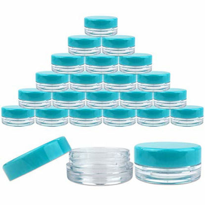 Picture of (25 Pieces Jars + Lid) Beauticom 3G/3ML Round Clear Jars with TEAL Sky Blue Screw Cap Lids for Scrubs, Oils, Toner, Salves, Creams, Lotions, Makeup Samples, Lip Balms - BPA Free
