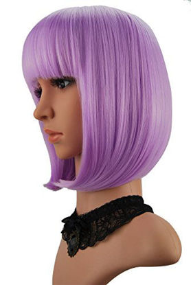 Picture of eNilecor Short Bob Hair Wigs 12" Straight with Flat Bangs Synthetic Colorful Cosplay Daily Party Wig for Women Natural As Real Hair+ Free Wig Cap (Lavender Purple)