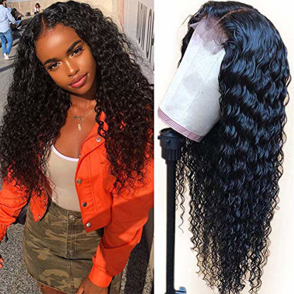 Picture of 150% Density Lace Front Human Hair Wigs For Black Women 9A Brazilian Deep Wave Wig Pre plucked Human Hair Wigs with Baby Hair Bleached Knots(18'')