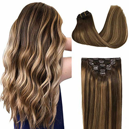Picture of GOO GOO 7pcs 120g Clip in Hair Extensions Ombre Chocolate Brown to Caramel Blonde Straight Remy Human Hair Extensions Balayage Real Hair Extensions Clip in Natural Hair 14 Inch