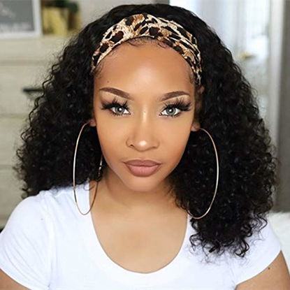 Picture of HeadBand Wig Curly Human Hair Wig None Lace Front Wigs for Black Women Deep Wave Machine Made Wigs Natural Color 150% Density 12inch