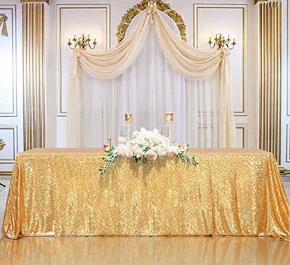 Picture of B-COOL Gold Rectangle Sequin Tablecloth 90x156-Inch Sparkly Wedding Tablecloth Long Glitter Table Overlays for Event Party Banquet
