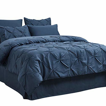 Picture of Bedsure Comforter Set Full/Queen Bed in A Bag Navy 8 Pieces - 1 Pinch Pleat Comforter(88x88 inches), 2 Pillow Shams, 1 Flat Sheet, 1 Fitted Sheet, 1 Bed Skirt, 2 Pillowcases