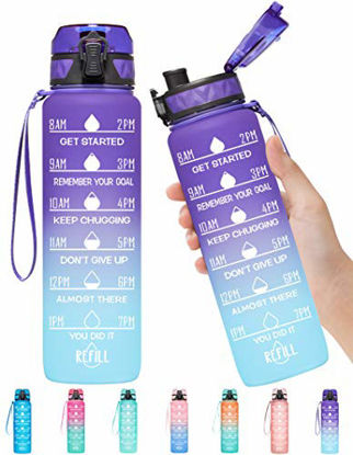 Picture of Elvira 32oz Motivational Fitness Sports Water Bottle with Time Marker & Removable Strainer,Fast Flow,Flip Top Leakproof Durable BPA Free Non-Toxic-Grape/Green Gradient