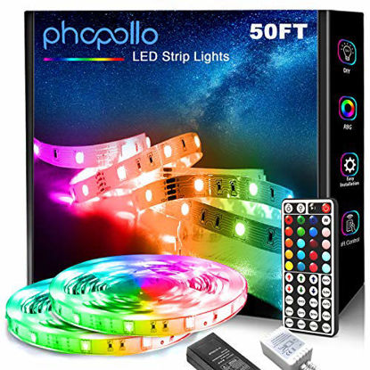 Picture of Phopollo LED Strip Lights, 50ft 5050 Flexible LED Lights with 44 Key IR Remote Controller and 12V Power Supply for Bedroom