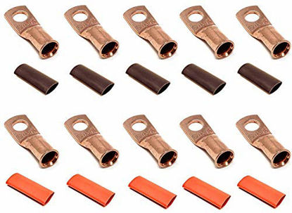 Picture of 10pcs 4 Gauge 4 AWG x 5/16 Pure Copper UL Listed Cable Lug Terminal Ring Connectors with Dual Wall Adhesive Lined Red + Black Heat Shrink Tubing - by WNI