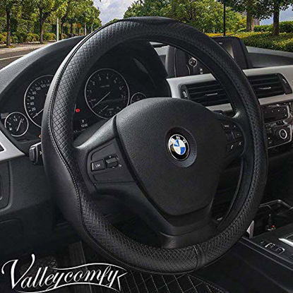 Picture of Valleycomfy Universal 15 inch Auto Car Steering Wheel Cover with Black Genuine Leather for HRV CRV Accord Corolla Prius Rav4 Tacoma Camry X1 X3 X5 335i 535i,etc.