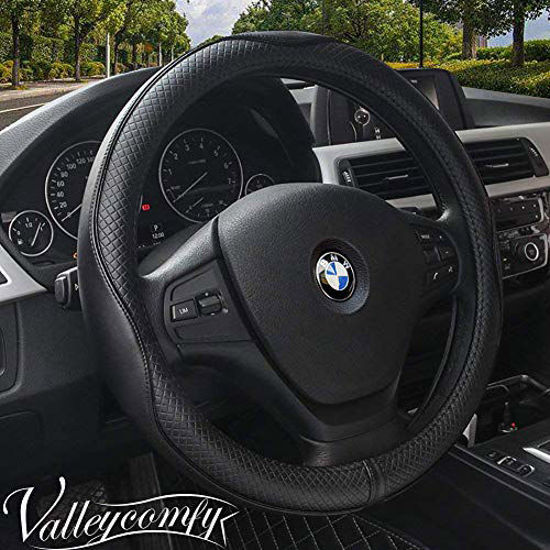 Picture of Valleycomfy Universal 15 inch Auto Car Steering Wheel Cover with Black Genuine Leather for HRV CRV Accord Corolla Prius Rav4 Tacoma Camry X1 X3 X5 335i 535i,etc.