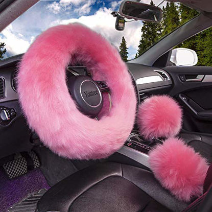 Picture of Yontree Fashion Fluffy Steering Wheel Covers for Women/Girls/Ladies Australia Pure Wool 15 Inch1 Set 3 Pcs (Pink)