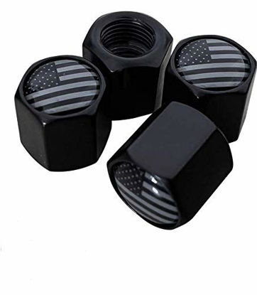 Picture of American Flag Valve Stem Cap - Black Subdued Aluminum with Rubber Ring Tire Wheel Rim Dust Cover fits Cars, Trucks, Bikes, Motorcycles, Bicycles - (4 Pack) (American Flag)