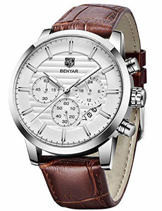 Picture of BENYAR Chronograph Waterproof Watches Business and Sport Design Brown Leather Band Strap Wrist Watch for Men (L Silver White B)