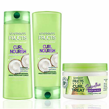 Picture of Garnier Hair Care Fructis Curl Nourish Shampoo, Conditioner, & Natural Styling Curl Treat Smoothie, Nourish for Frizz Resistant Curls, Frizz Free up to 24 Hours, Paraben Free,1 Kit
