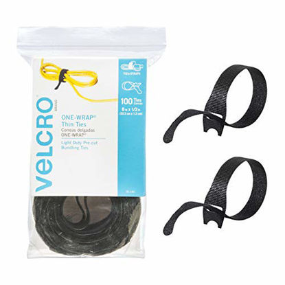 Picture of VELCRO Brand ONE-WRAP Cable Ties | 100Pk | 8 x 1/2" Black Cord Organization Straps | Thin Pre-Cut Design | Wire Management for Organizing Home, Office and Data Centers