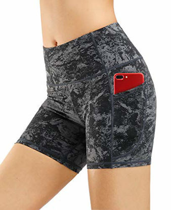 Picture of THE GYM PEOPLE High Waist Yoga Shorts for Women Tummy Control Fitness Athletic Workout Running Shorts with Deep Pockets (X-Large, Gray-Marble)