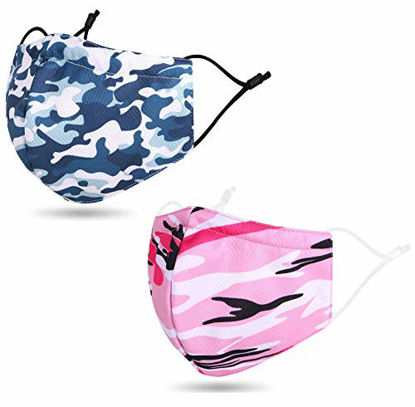 Picture of Unisex 2 Layers Fashion Face Madks Washable Reusable with Camo Design for Men Women, Breathable Colored Adult Dust Face Mouth Cloth with Nose Wire, 2 Pack Mixed Camo Blue/Camo Pink