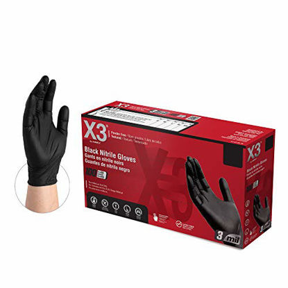 Picture of X3 Industrial Black Nitrile Gloves, Box of 100, 3 Mil, Size X-Large, Latex Free, Powder Free, Textured, Disposable, Food Safe, BX348100-BX