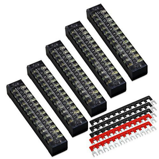 Picture of 10pcs (5 Sets) 12 Positions Dual Row 600V 15A Screw Terminal Strip Blocks with Cover + 400V 15A 12 Positions Pre-Insulated Terminals Barrier Strip (Black & Red) by MILAPEAK