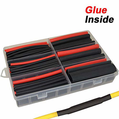 Picture of 130pcs 3:1 Dual Wall Adhesive Heat Shrink Tubing Kit, 6 Sizes (Diameter): 1/2, 3/8, 1/4, 3/16, 1/8, 3/32-inch, Marine Wire Sleeve Tube Assortment with Storage Case for DIY by MILAPEAK (Black & Red)