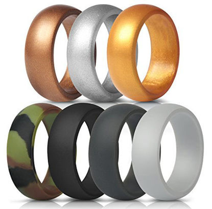 Picture of ThunderFit Silicone Rings, 7 Pack Wedding Bands for Men - 8.7 mm Wide (Gray. Dark Gray, Black, Camo, Bronze, Gold, Silver, 8.5-9 (18.9mm))