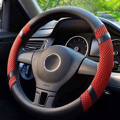 Picture of BOKIN Steering Wheel Cover Microfiber Leather Viscose, Breathable, Anti-Slip, Odorless, Warm in Winter Cool in Summer, Universal 15 Inches (Red)