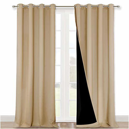 Picture of NICETOWN Thermal Insulated 100% Blackout Curtains, Sound Proof Drapes with Black Backing, Full Light Blocking Panels for Patio Sliding Door (Biscotti Beige, 1 Pair, 52 inches x 108 inches)