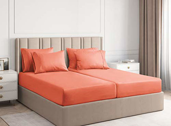 Picture of Split King Size Sheet Set - 7 Piece Set - Hotel Luxury Bed Sheets - Extra Soft - Deep Pockets - Easy Fit - Breathable & Cooling - Wrinkle Free - Comfy - Coral Bed Sheets - Split Kings Sheets - 7 PC