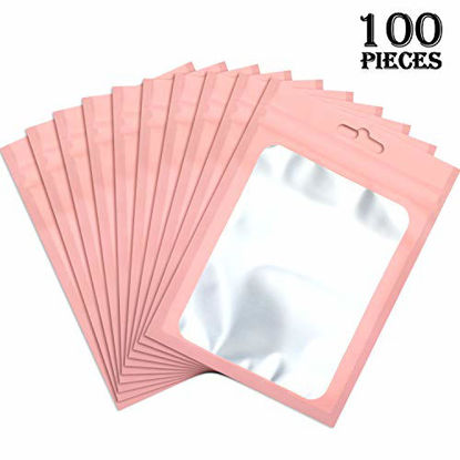 Picture of 100 Pieces Resealable Mylar Ziplock Food Storage Bags with Clear Window Coffee Beans Packaging Pouch for Food Self Sealing Storage Supplies (Pink, 4 x 7 Inch)