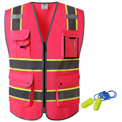 Picture of JKSafety 9 Pockets High Visibility Zipper Front Safety Vest | Pink with Dual Tone High Reflective Strips | Meets ANSI/ISEA Standards (Pink Yellow Strips, X-Large)