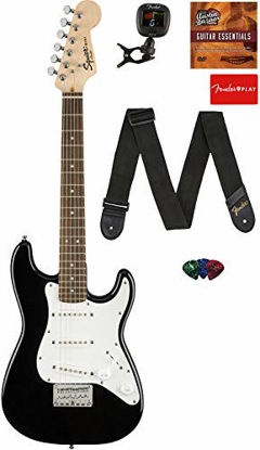 Picture of Fender Squier 3/4 Size Kids Mini Strat Electric Guitar Learn-to-Play Bundle with Tuner, Strap, Picks, Fender Play Online Lessons, and Austin Bazaar Instructional DVD - Black