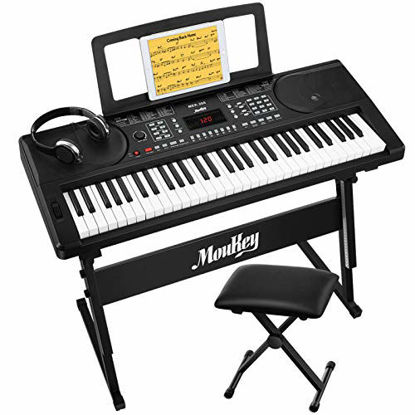 Picture of Moukey MEK-200 Electric Keyboard Portable Piano Keyboard Music Kit with Stand, Bench, Headphone, Microphone & Sticker, 61 Key Keyboard, Black