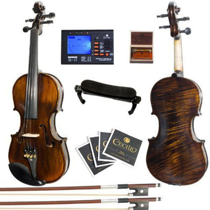 Picture of Mendini MV500+92D Flamed 1-Piece Back Solid Wood Violin with Case, Tuner, Shoulder Rest, Bow, Rosin, Bridge and Strings (Size: 1/2)