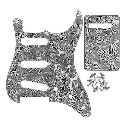Picture of IKN SSS 11 Hole Strat Guitar Pickguard Tremolo Cavity Cover Backplate with Screws for Fender USA/Mexican Standard StratGuitar Part, 4Ply Zebra Stripe