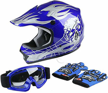 Picture of TCT-MT Helmet Goggles+Gloves New DOT Youth Blue Skull Dirt Bike ATV Motocross Large