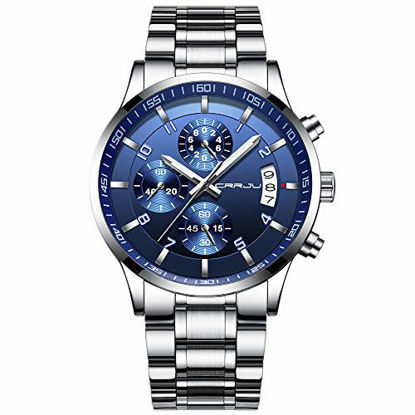 Picture of CRRJU Men's Chronograph Wristwatches,Fashion Luxury Stainsteel Steel Waterproof Calendar Quartz Watch for Men Six-pin Multifunctional Watch (Silver Blue)