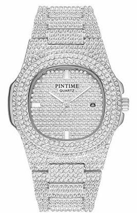 Picture of Luxury Mens/Womens Unisex Crystal Watch Bling Iced-Out Watch Oblong Silver/Gold Wristwatch Fashion Diamond Quartz Analog Watch with Stainless Steel Bracelet
