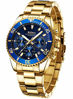 Picture of Mens Watches Chronograph Gold Blue Stainless Steel Waterproof Date Analog Quartz Watch Business Casual Fashion Wrist Watches for Men